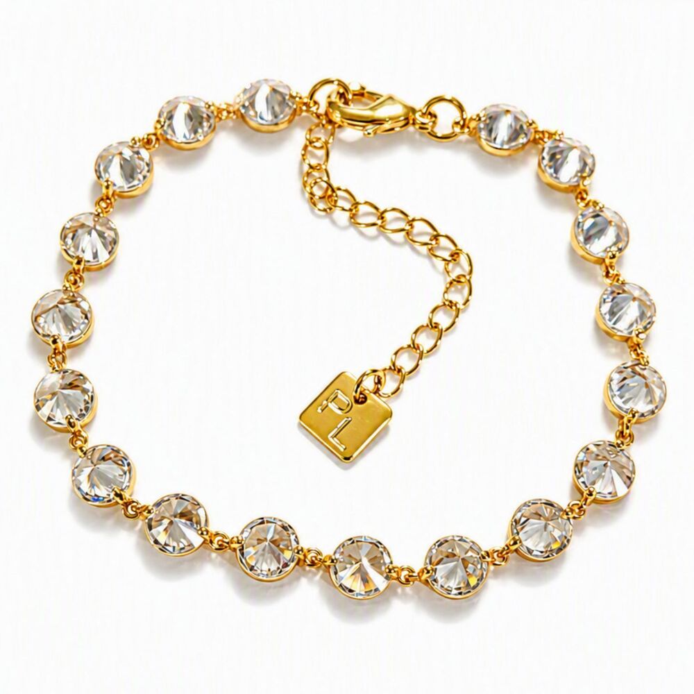 Signed "PL" VTG Style Gold Tone Metal Clear Crystal Bracelet 7.5" Adjustable